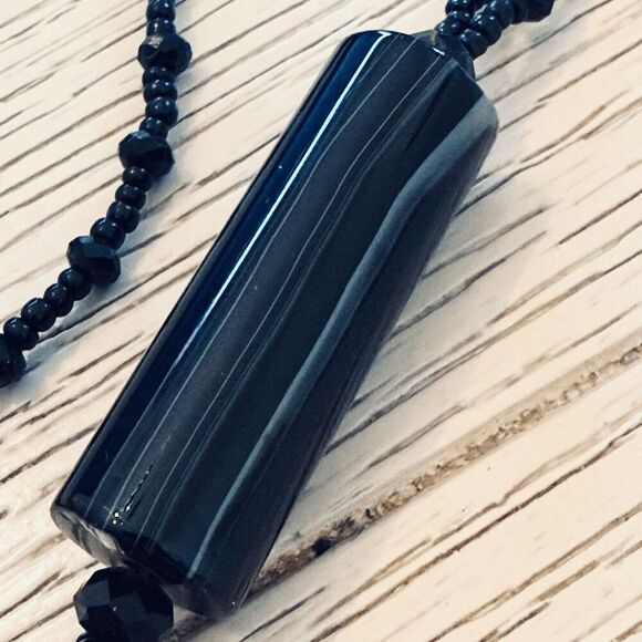 Vintage Black Onyx Tassel Necklace – 28" Natural Stone/Faceted Glass Beads - Picture 4 of 5